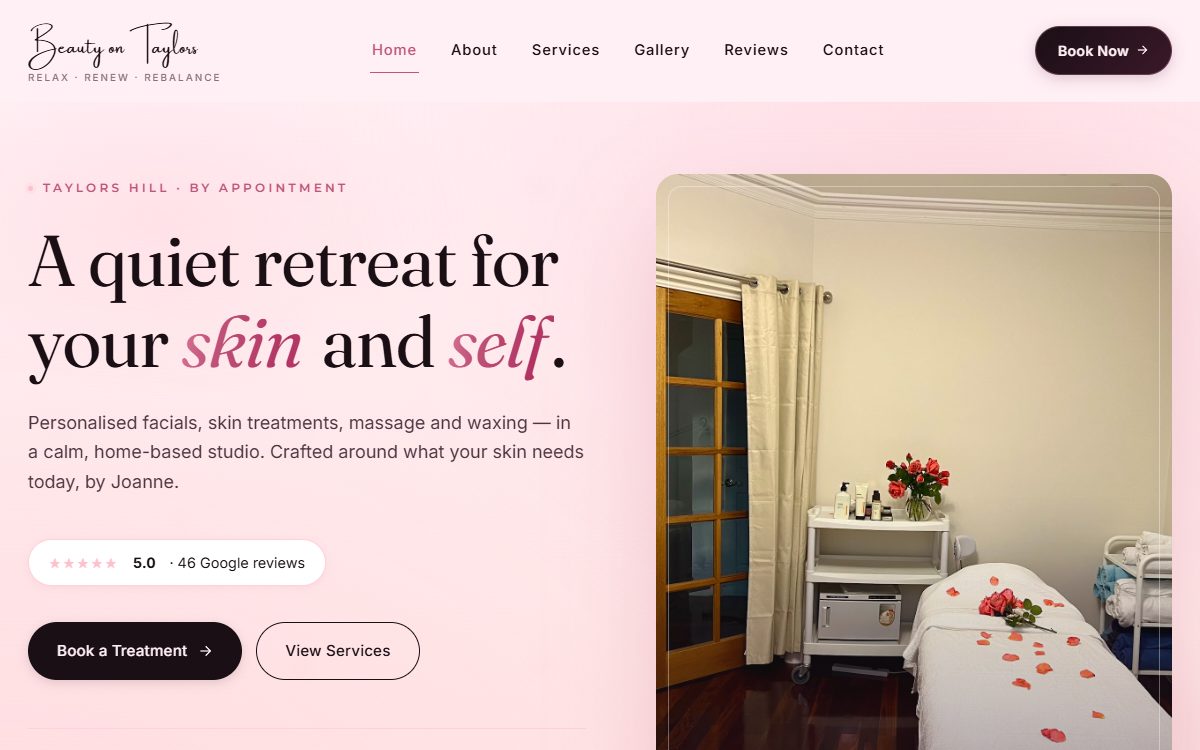 Beauty on Taylors home page — a soft pink hero and a Book a Treatment button.