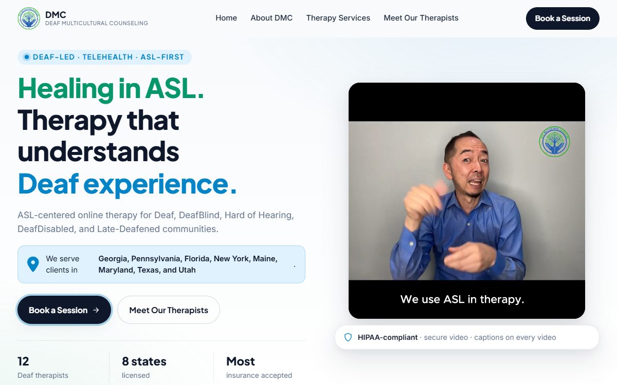 Deaf Multicultural Counseling home page — “Healing in ASL” beside a captioned ASL video.