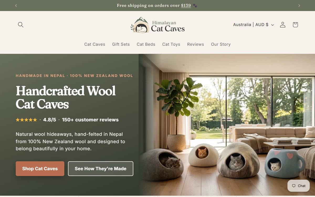 Himalayan Cat Caves home page — “Handcrafted Wool Cat Caves” over a photograph of felted wool cat caves.